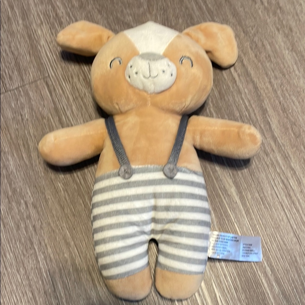 Tan and Gray Stuffed Animal Puppy with Striped Overalls